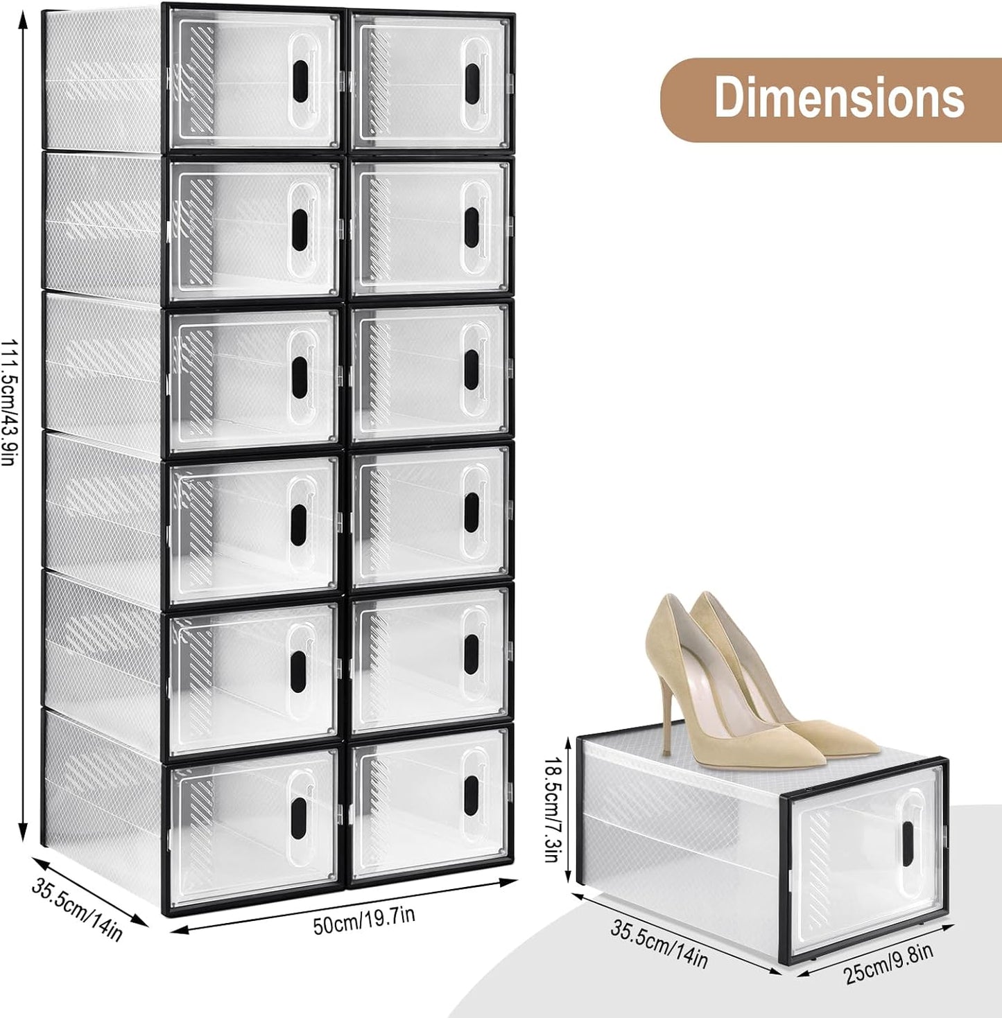 Stapelbare Schuhboxen-Set mit Magnettür (12 Stück), Transparent+schwarz 12er 35x19x25 cm