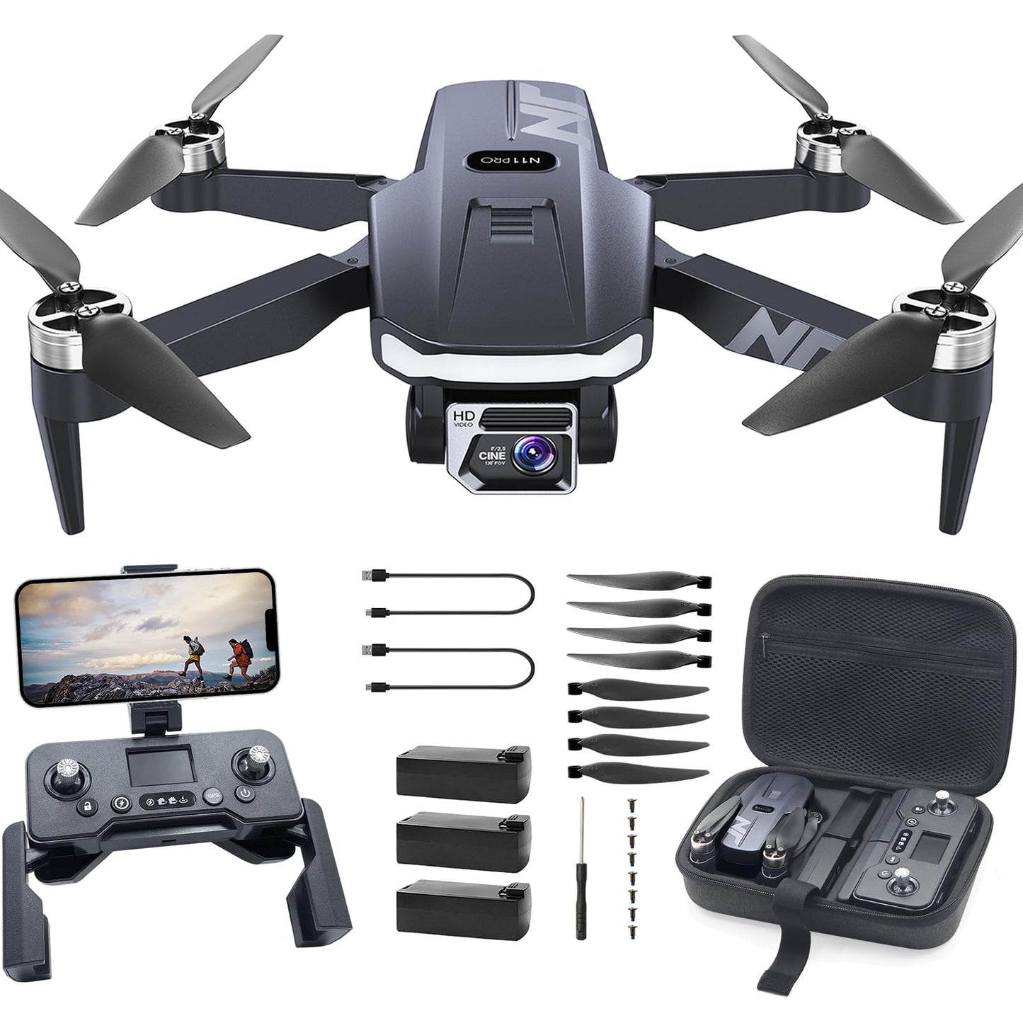 GPS-Drohne N11 PRO mit Kamera 4K UHD, 90 Min Flugzeit, Verfeinerter Samtartiger Silber