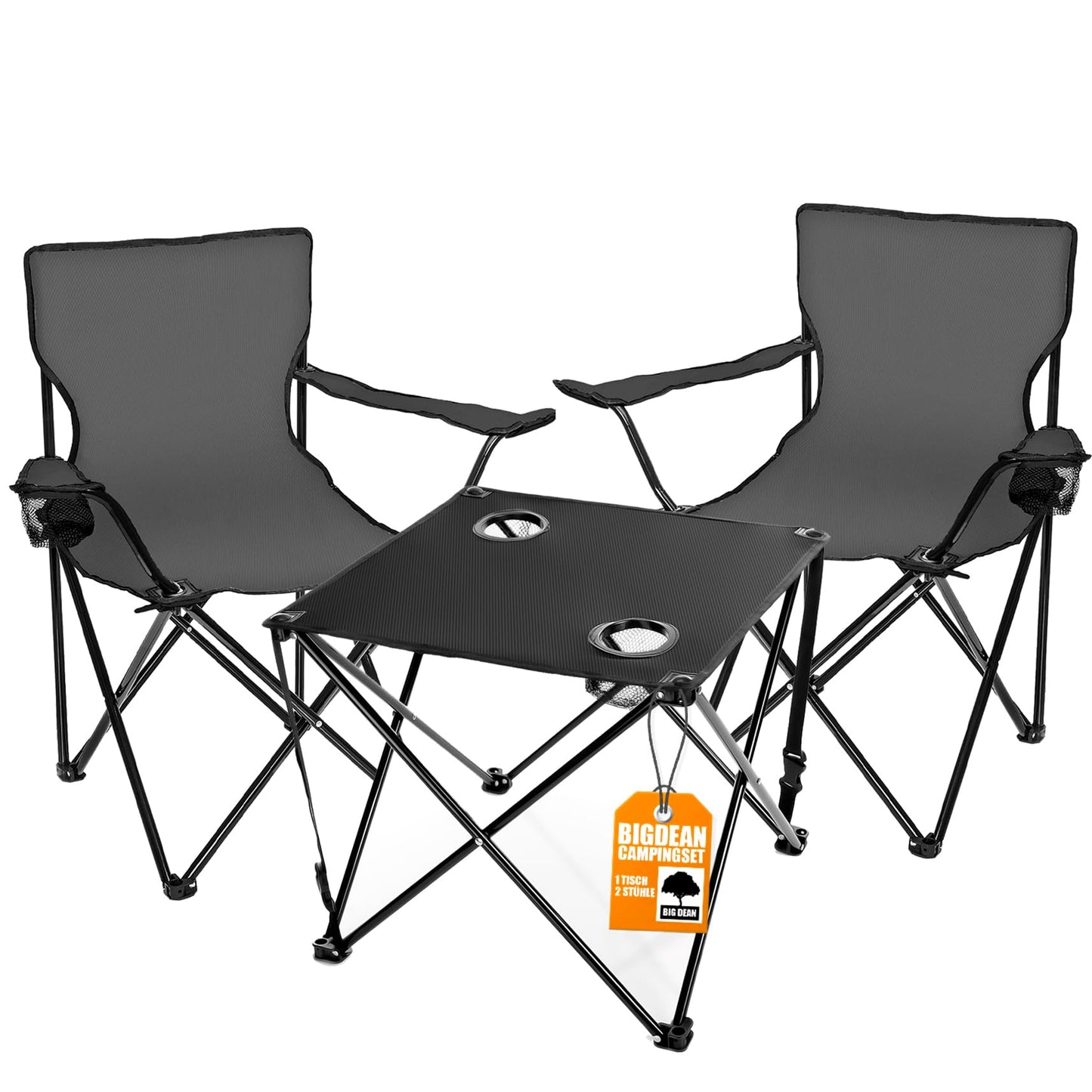 2er-Set Faltbarer Campingstuhl mit Tisch & Getränkehalter, Dunkelgrau