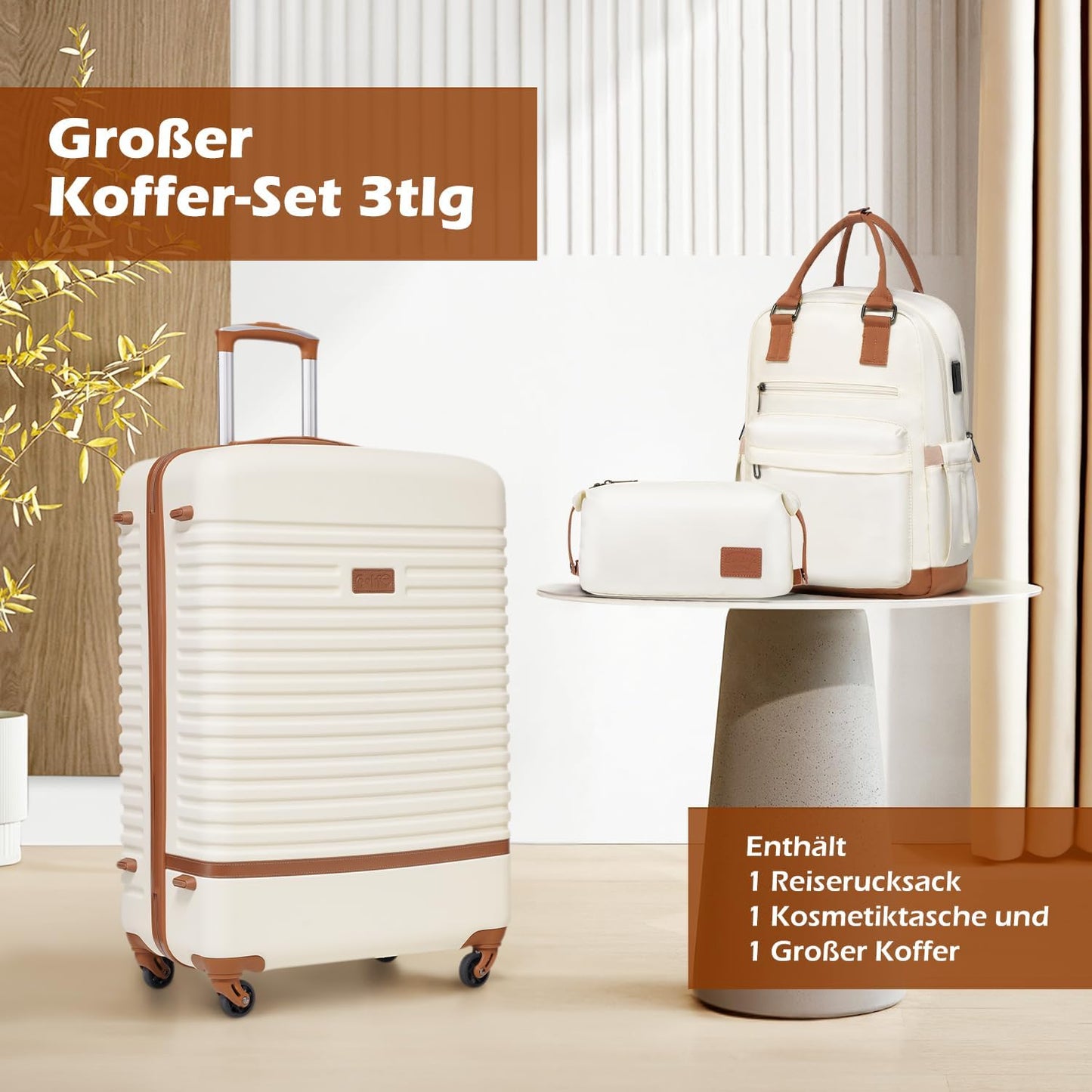 3-teiliges Reisegepäck-Set, Grosser Koffer-Set 3tlg Weiss/Braun