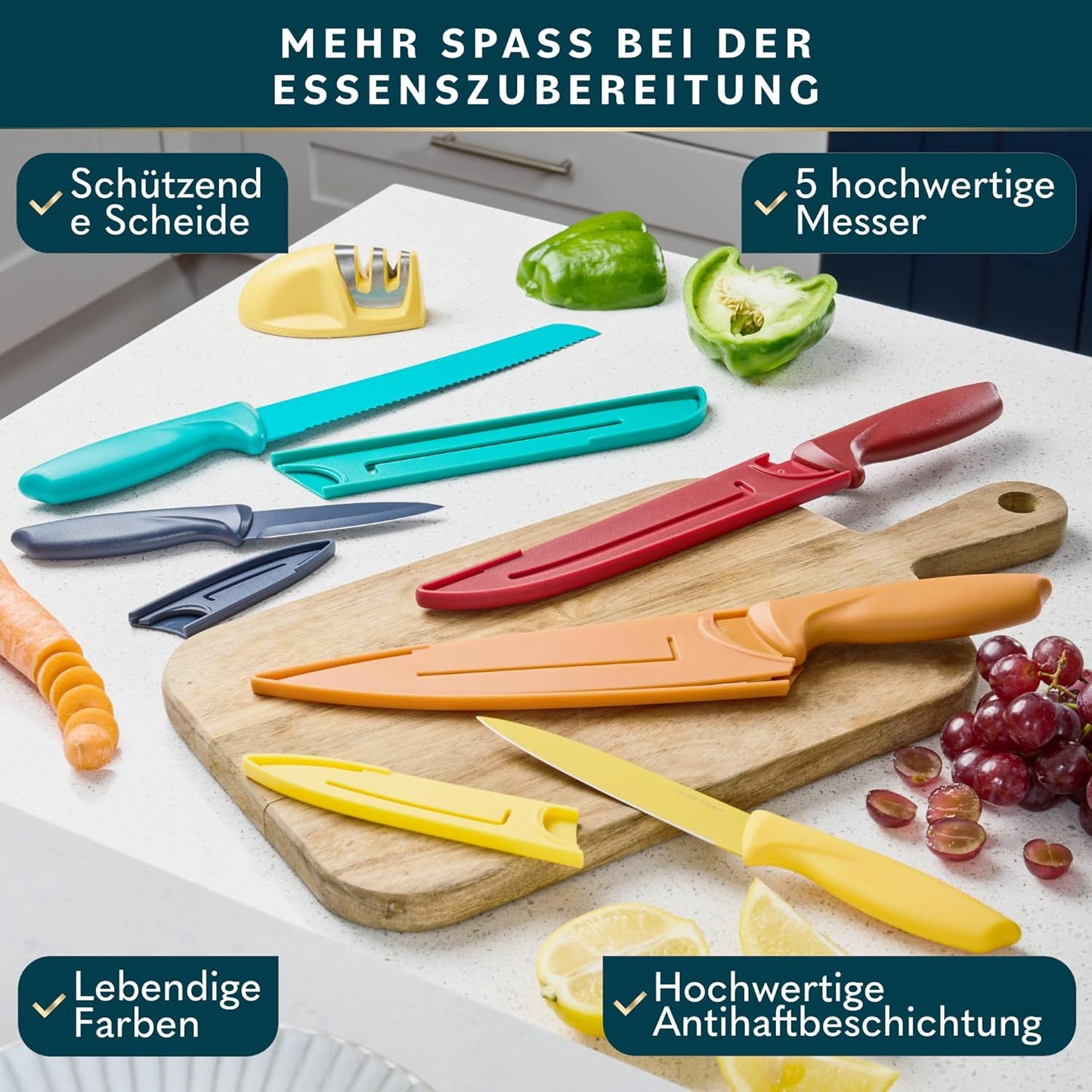 5-teiliges Messerset mit Schutzhüllen & Messerschärfer, 5 Stück mit Scheide - vielfarbig