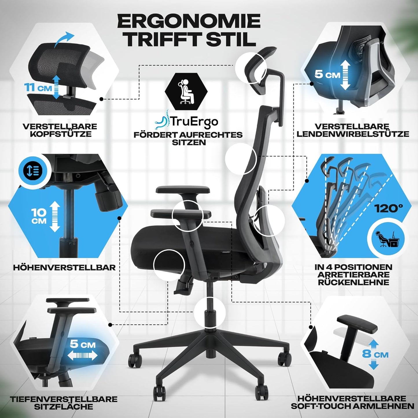 Ergonomischer Bürostuhl mit Kopfstütze und Armlehnen, M3 Komfort (Schwarz)