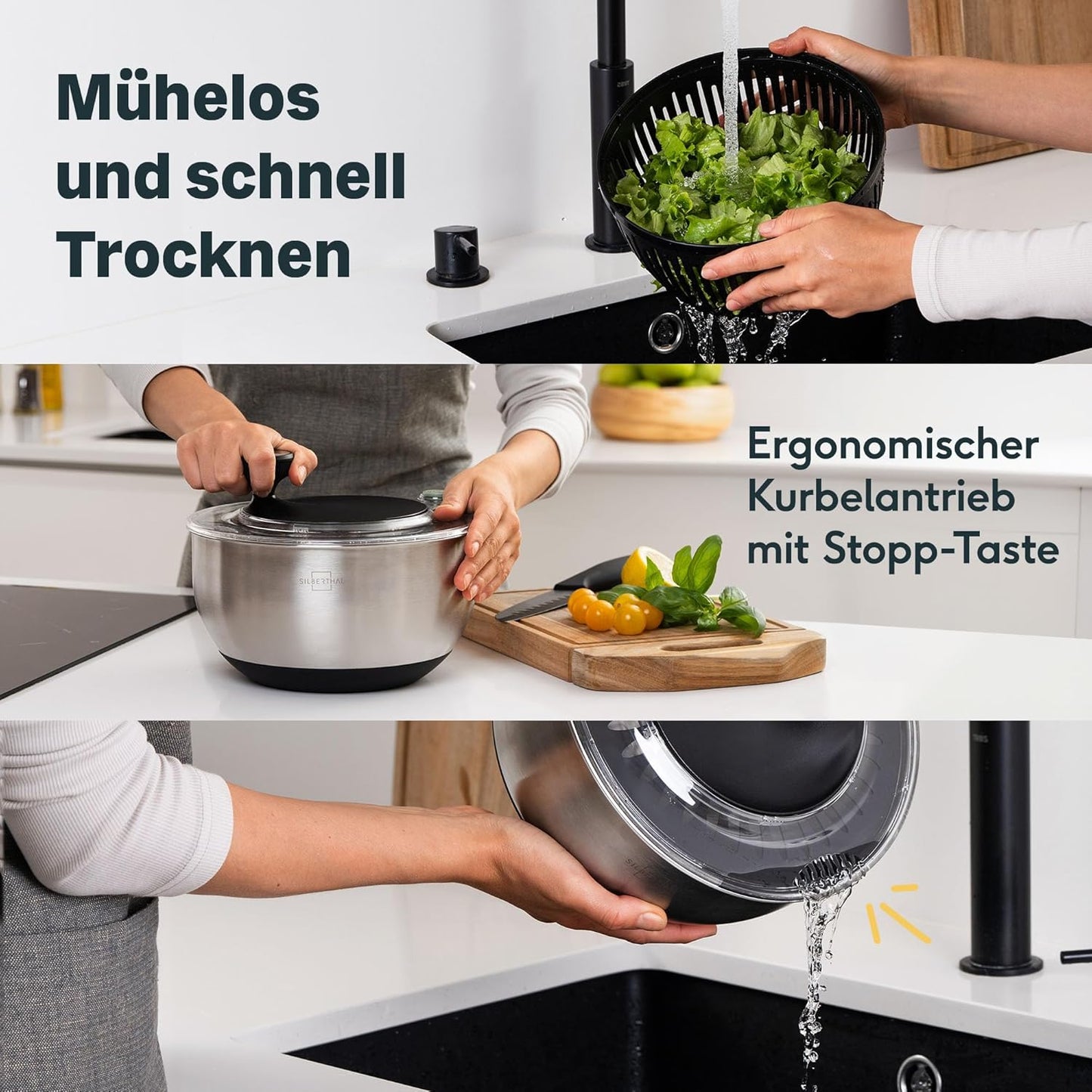 Salatschleuder-Set mit Dressingshaker (Edelstahl, 4,7 L), Geschenkset Salatschleuder + Dressingshaker