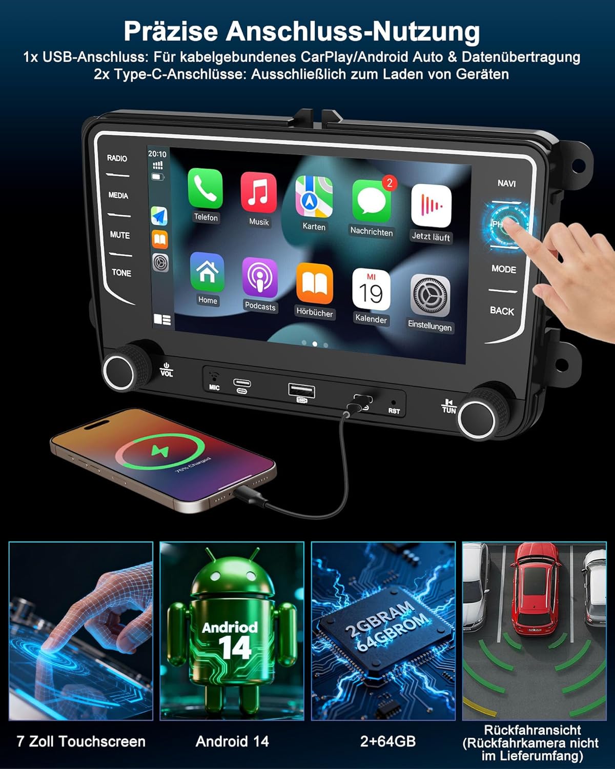 2DIN Autoradio mit Navi, Android Auto und Carplay für VW/Seat/Skoda
