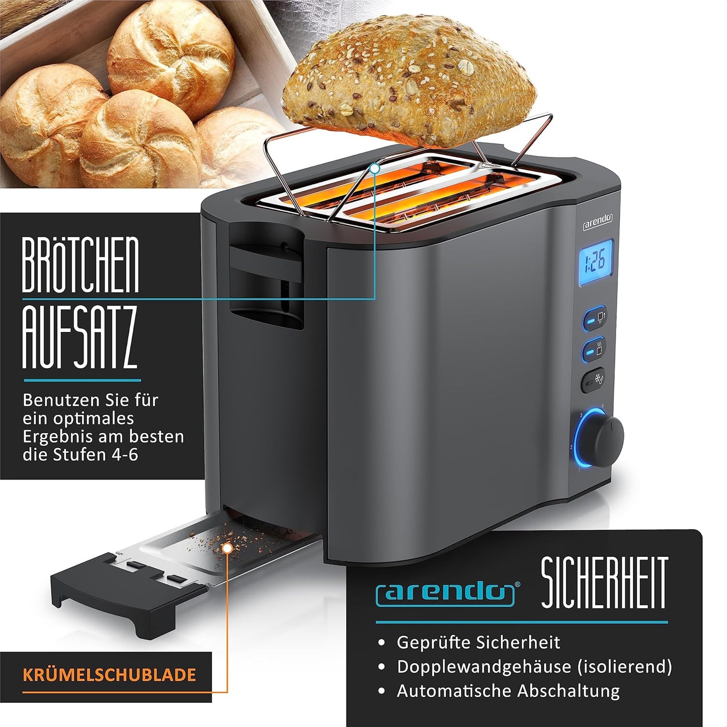 Toaster Manha Compact mit Restzeitanzeige und 6 Bräunungsgraden, B: Cool Grey