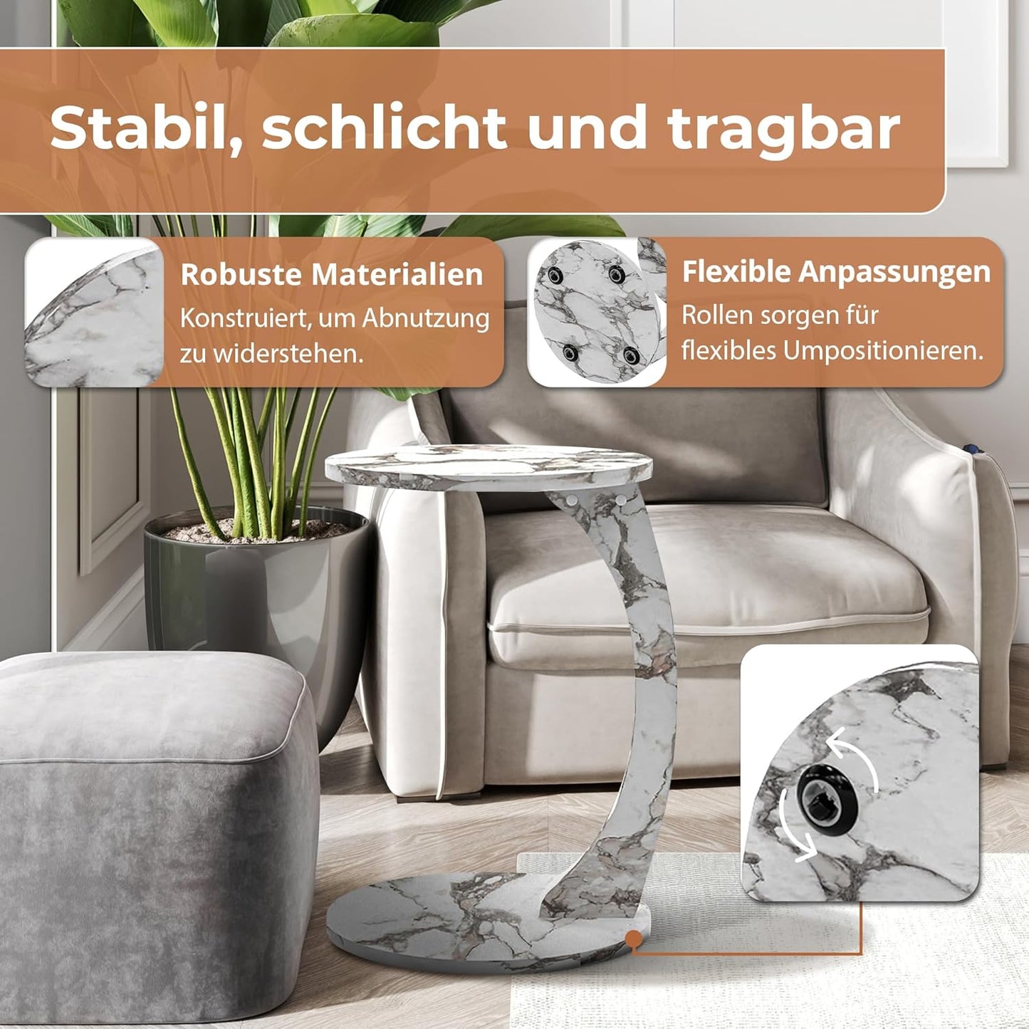 Beistelltisch Holeby auf Rollen mit Marmoroptik, Marmor, Cremeweiss