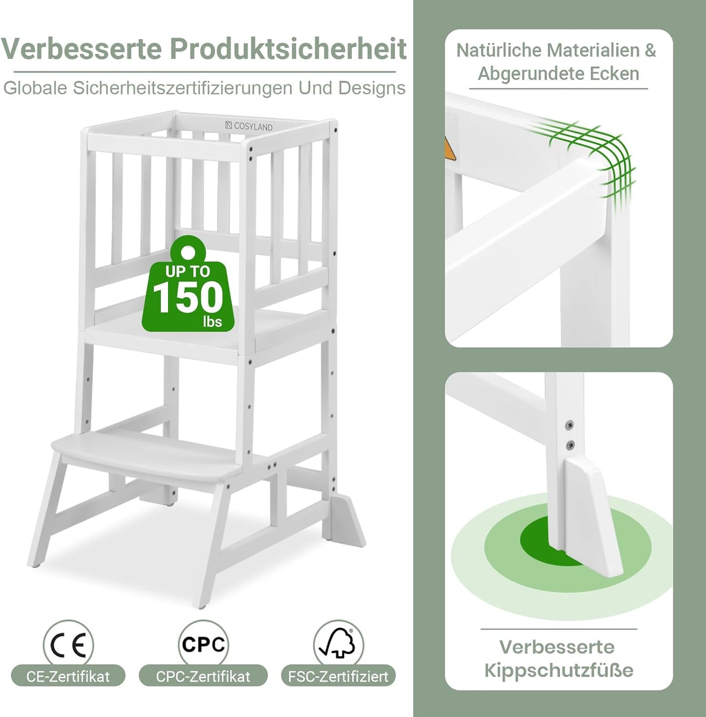 Höhenverstellbarer Lernturm mit Kippschutz, Klassisch Weiss