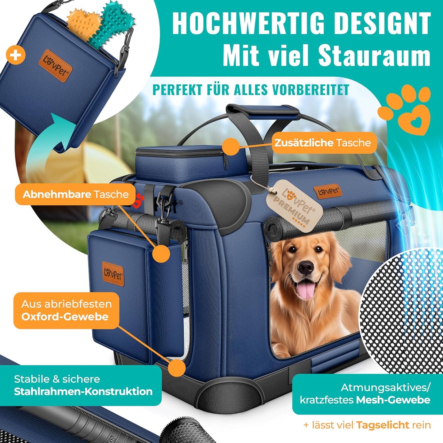 Transportbox inkl. Napf & Gurt, L 92 x B 64 x H 64 cm Navyblau