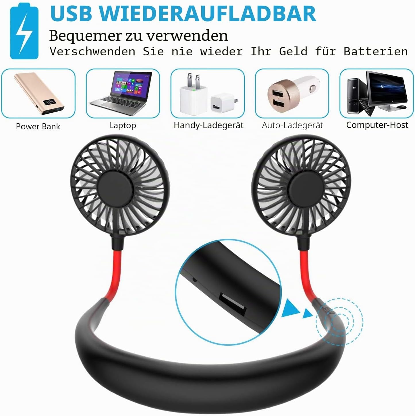 Tragbarer USB-Nackenventilator mit LED-Licht, Schwarz