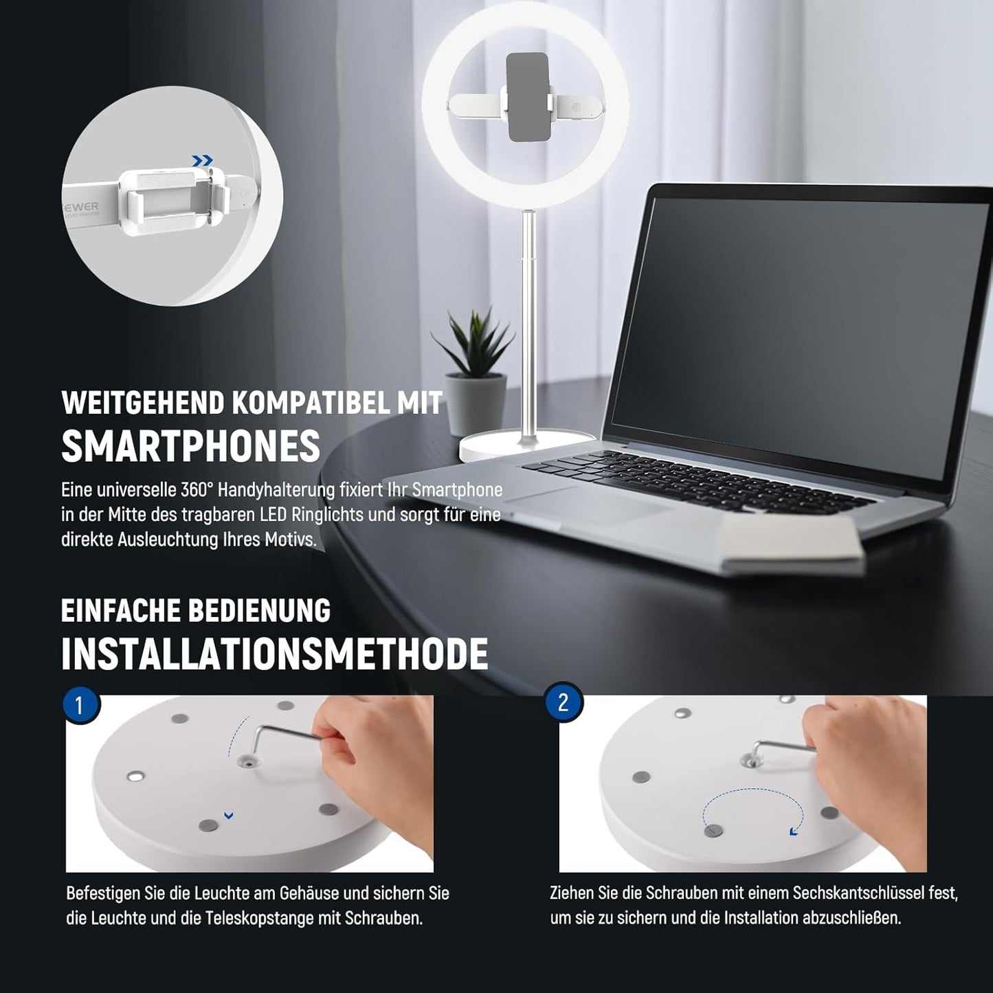 LED Selfie Ringlicht N17 mit Tischständer und Handyhalter, Weiss 10" mit Tischstativ