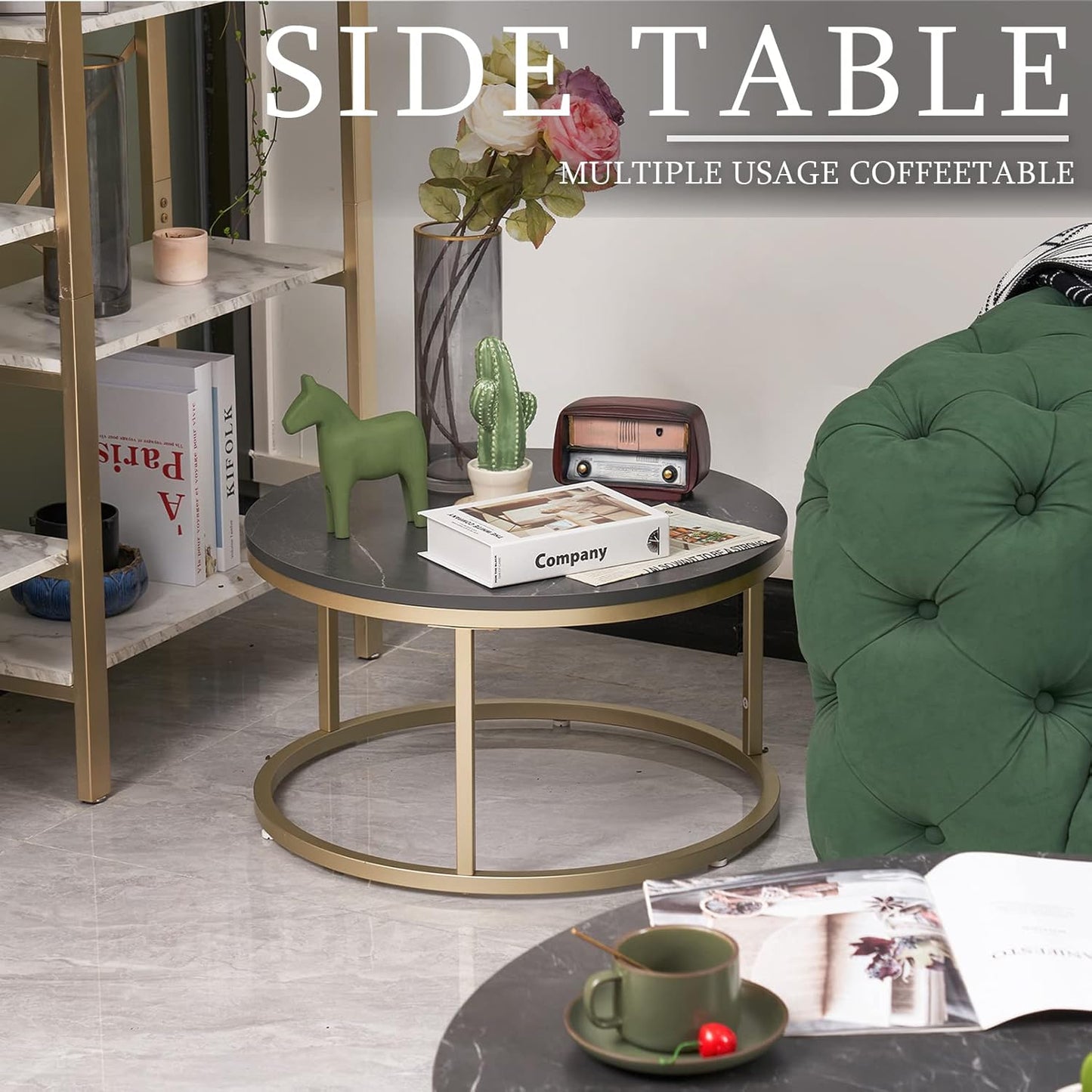 2er-Set Runder Couchtisch, Schwarz & Gold