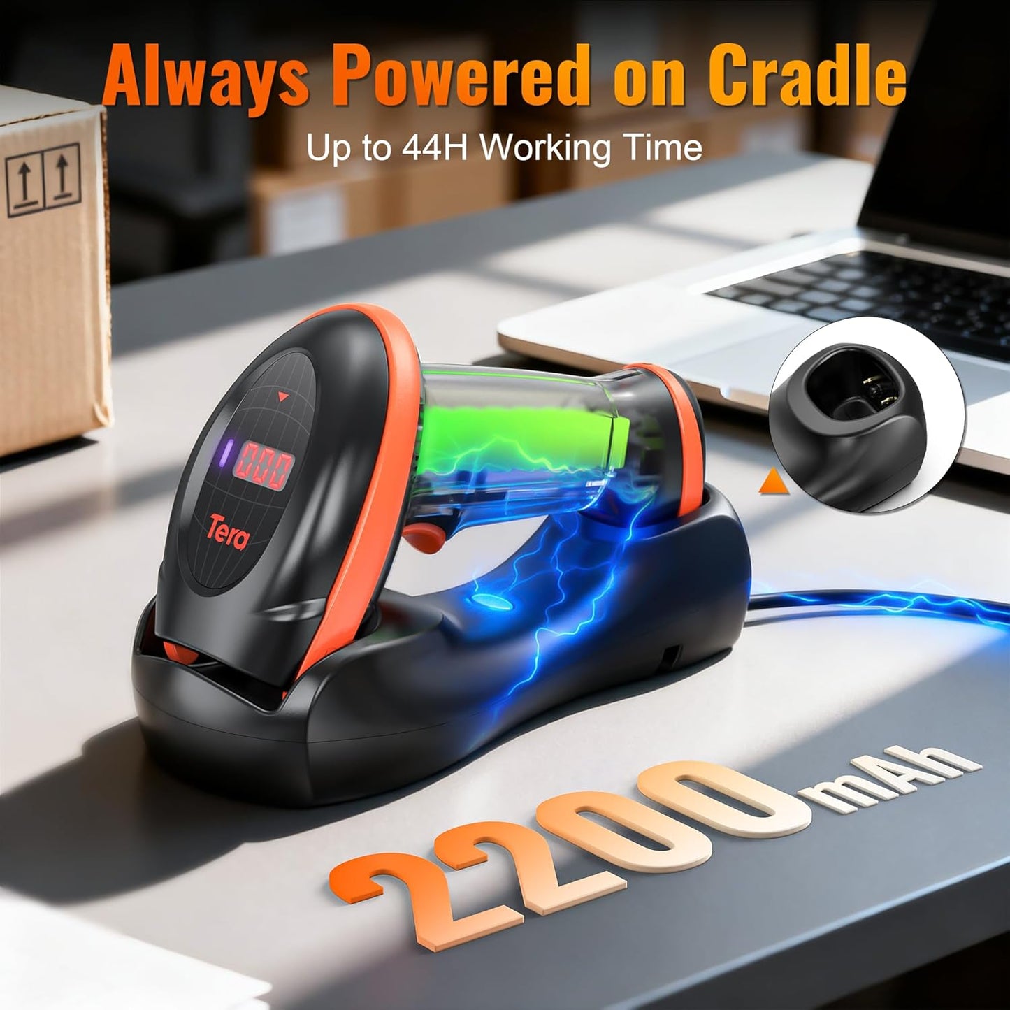 2D/1D Barcode-Scanner mit Ladestation und USB-Kabel, Mandarinfarben