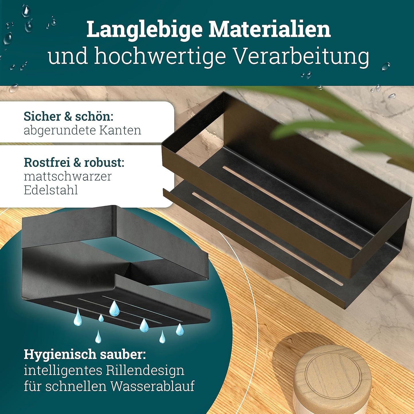 Duschablage mit Haken, Edelstahl Matt-schwarz