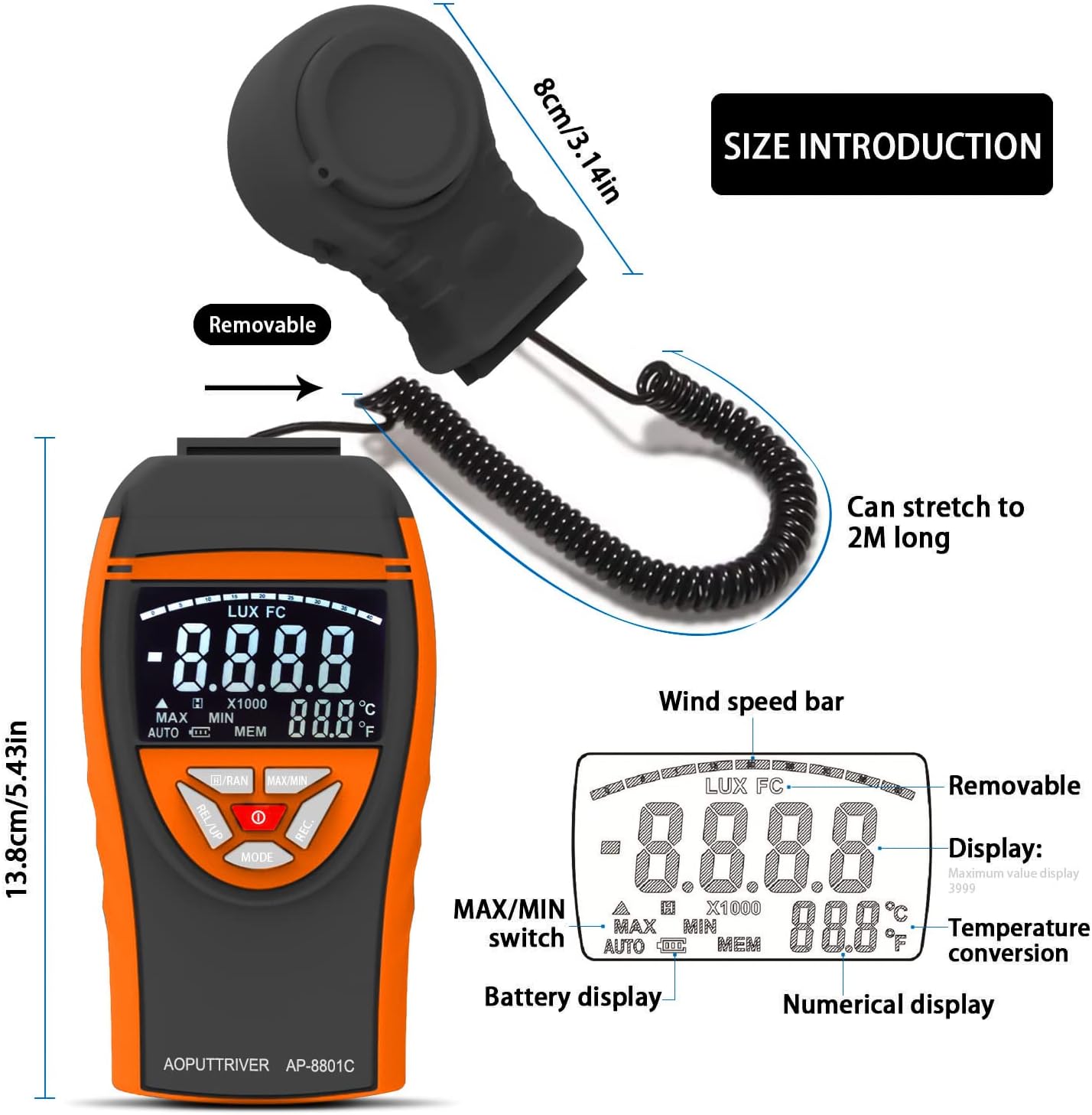 Digital Lux Meter AP-8801C mit Ausziehbarem Sensor, AP-8801C
