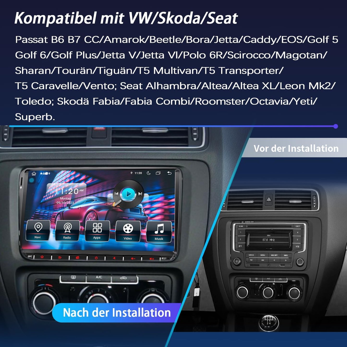 Doppel DIN Autoradio für VW Golf 5/6, T5, Polo, Passat