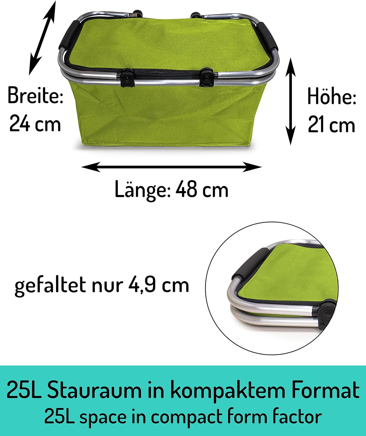 Faltbarer Isolier-Einkaufskorb mit gepolsterten Tragegriffen & Reissverschluss am Deckel, Thermo - 1x Pack Hellgrün