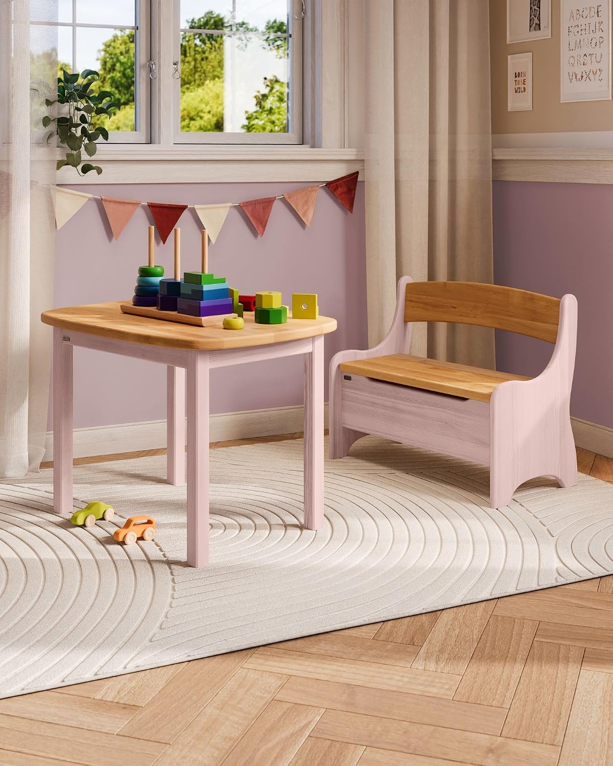 Kindersitzbank Levin mit Geheimfach, Steinrosé & Erle