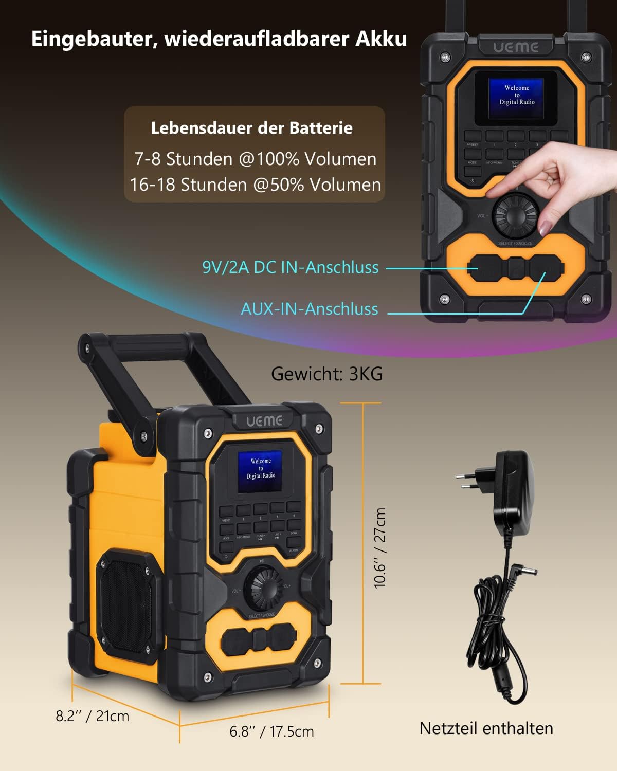 Baustellenradio mit Bluetooth und Powerbank, Gelb-Schwarz