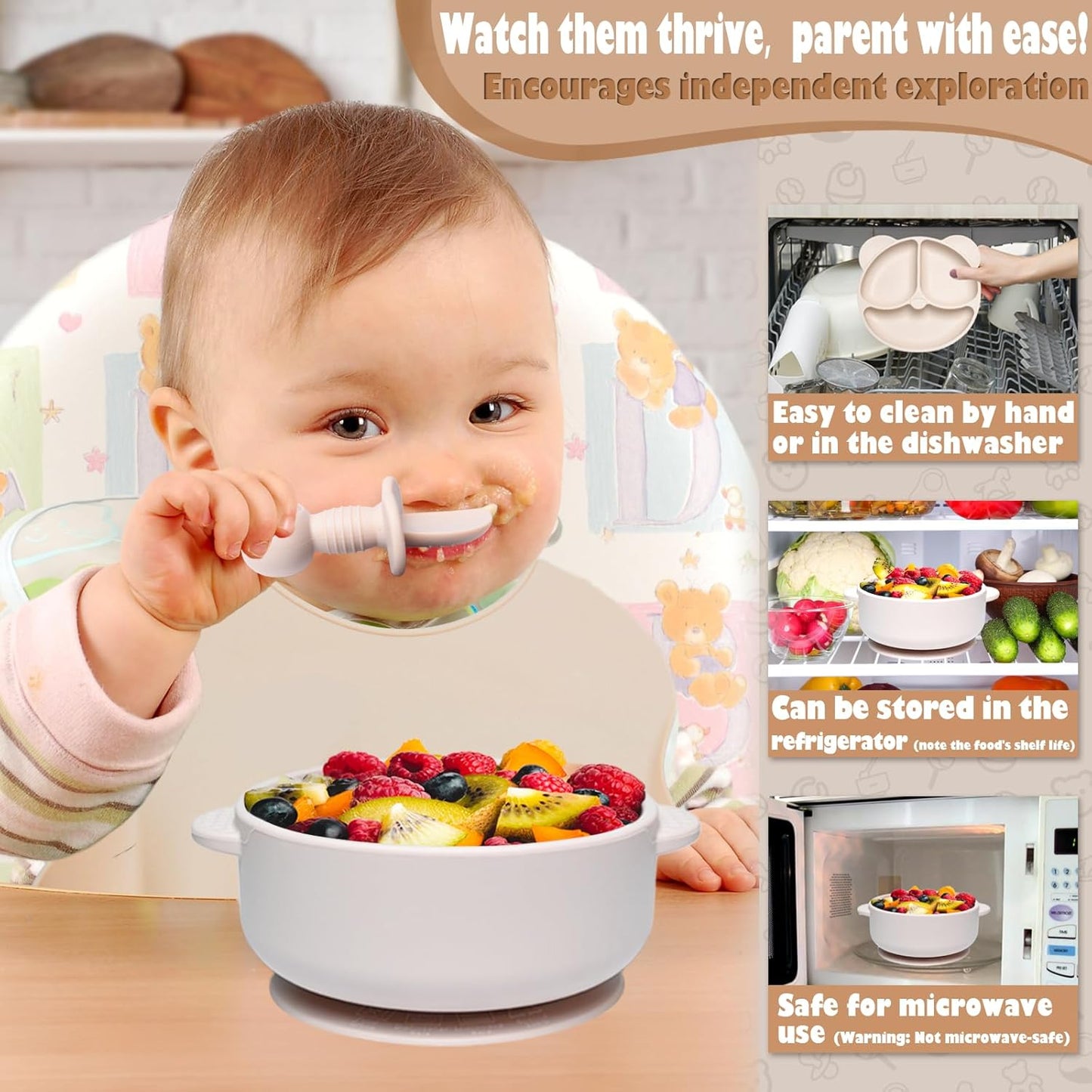 Silikon Baby Geschirrset mit Saugnapf (11-teilig), Beige