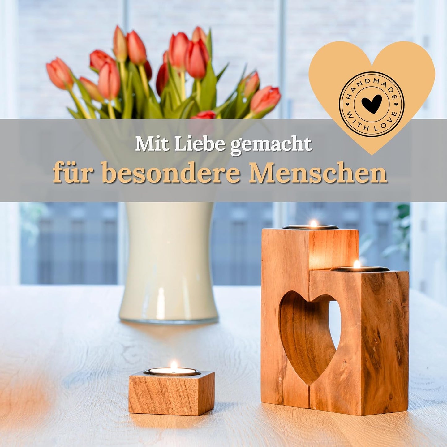 Herz Teelichthalter 3er Set aus Akazienholz, Braun