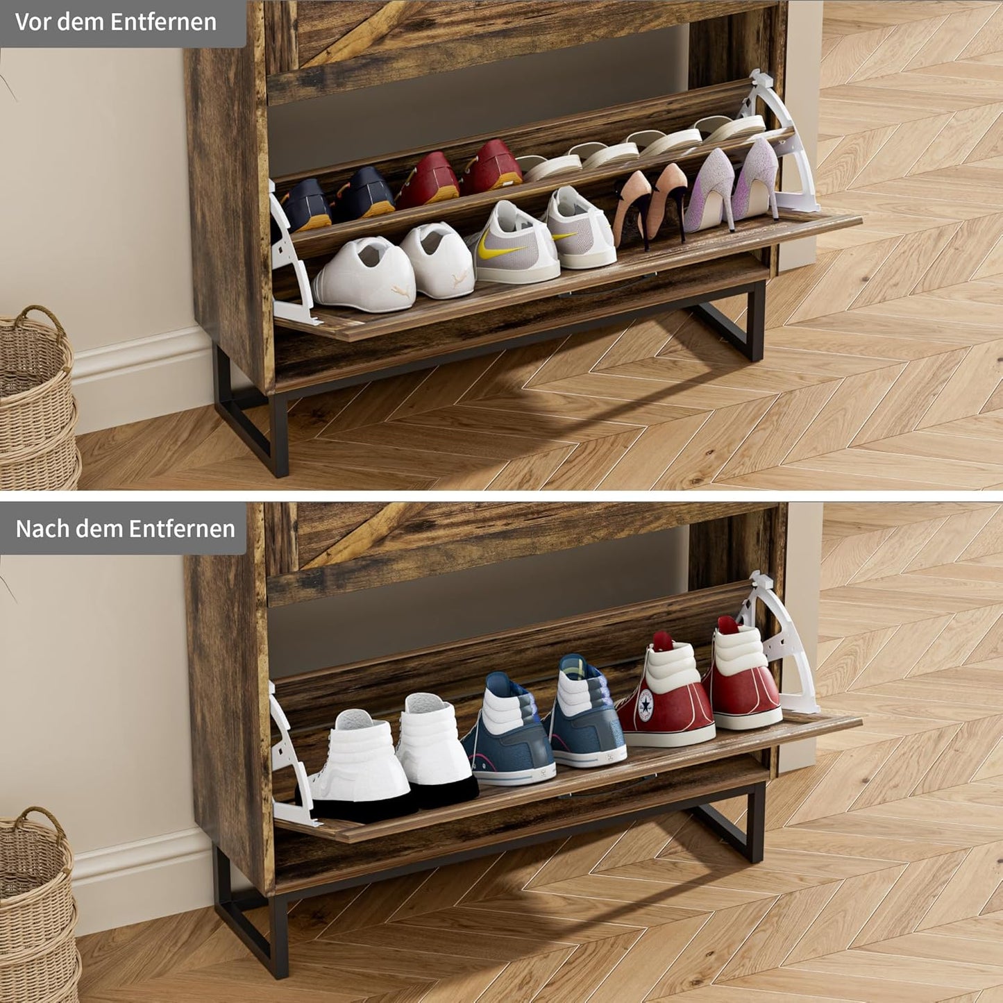 Schmaler Schuhschrank mit 2 Klappen und 4 Ablagen, Braun