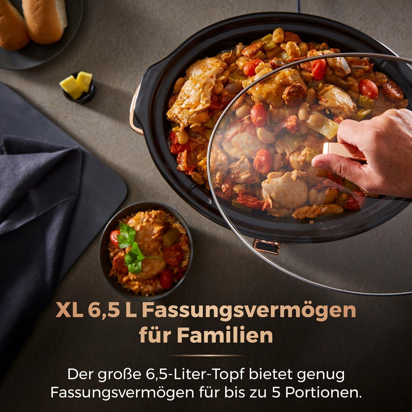 Schongarer mit Warmhaltefunktion, 6,5 l Slow Cooker Roségold