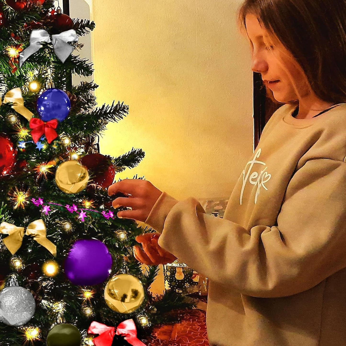 Künstlicher Weihnachtsbaum mit Deko und LED-Lichterkette, 90 cm / Grün-bunt-braun+warmweiss