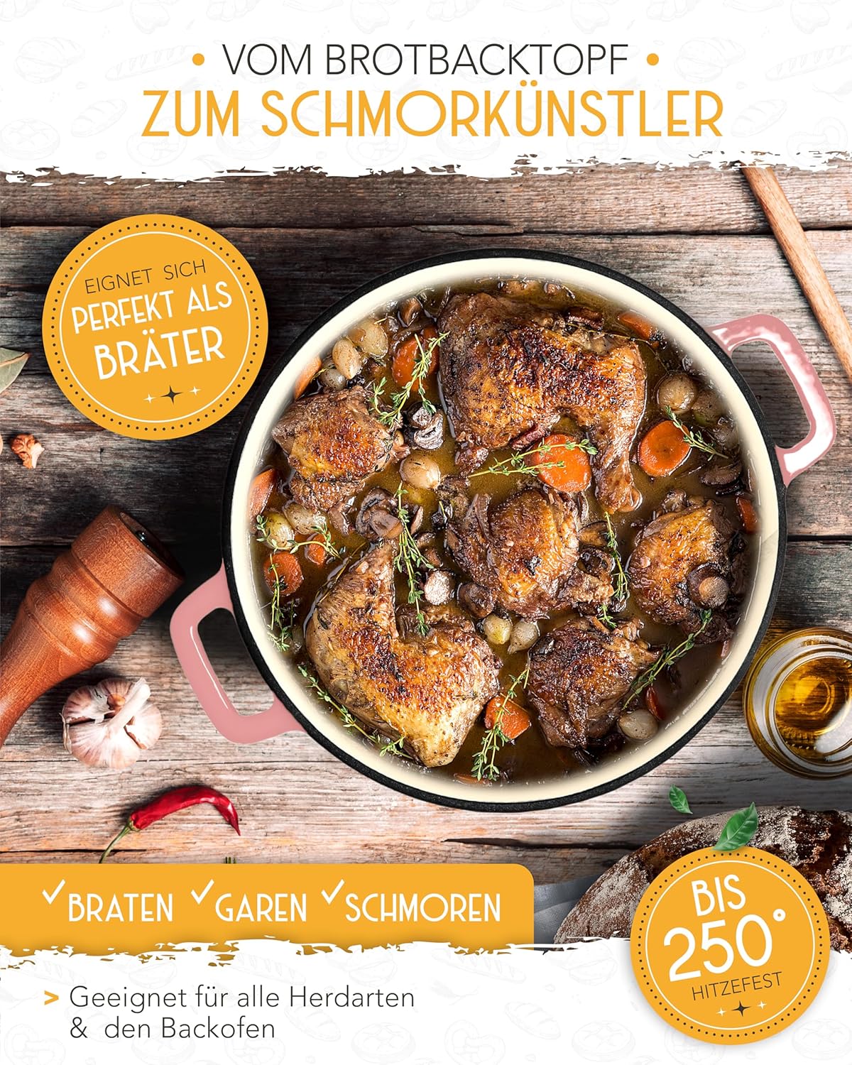 Schmortopf mit Deckel, backofengeeignet, Emaille Topf 4,7l - Rosa - Einzeln