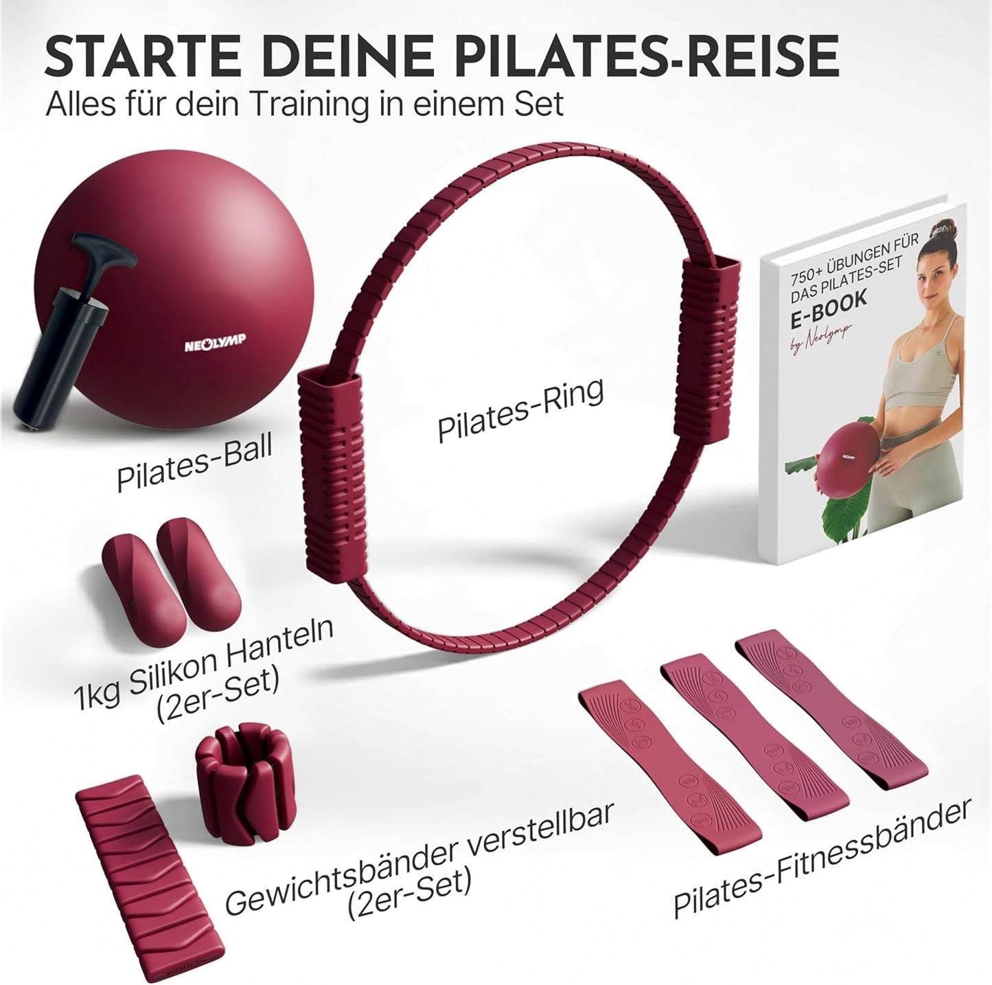 Pilates Zubehör-Set mit Ball, Ring & Hanteln, Berry Plus mit Matte