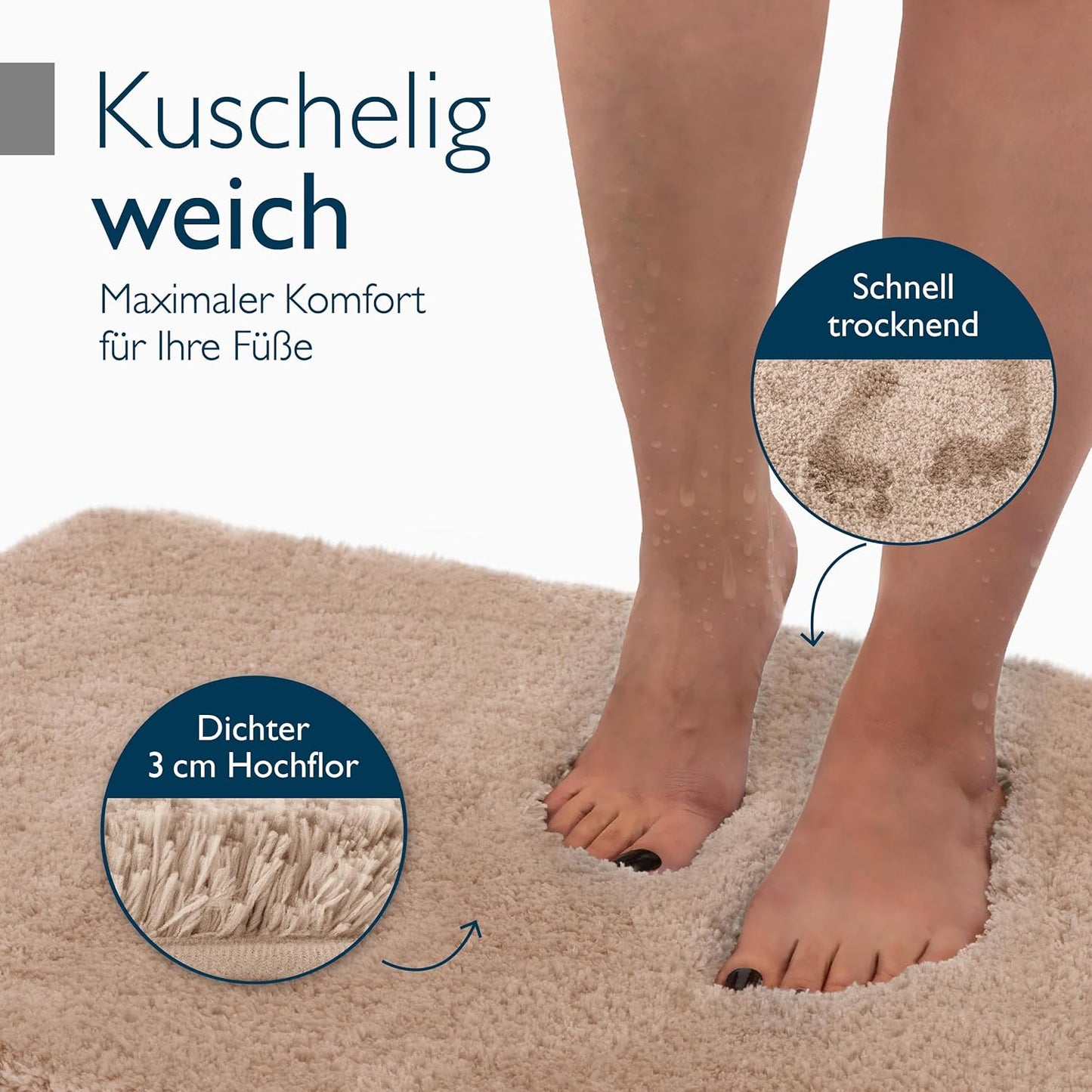 Rutschfeste Hochflor-Badematte, 60 x 100 cm Natur