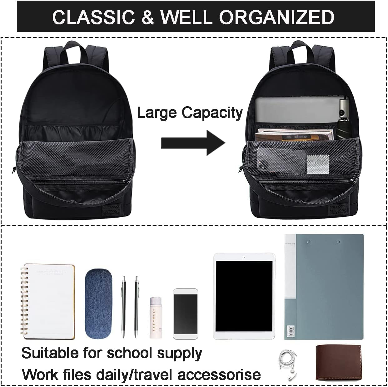 Leichter Laptop-Rucksack mit 15.6 Zoll Fach, 16.9 Zoll Vollschwarz