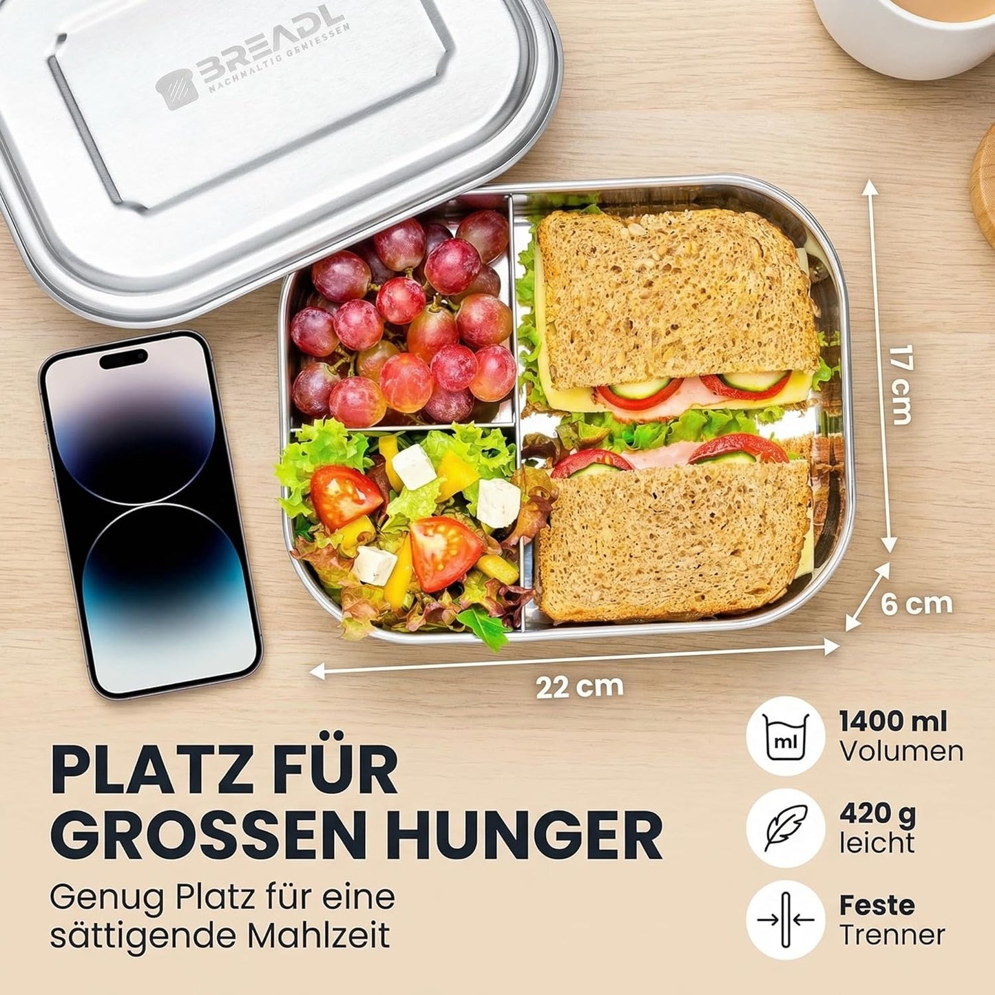 Edelstahl Brotdose, 1400ml / 3 Fächer Edelstahl