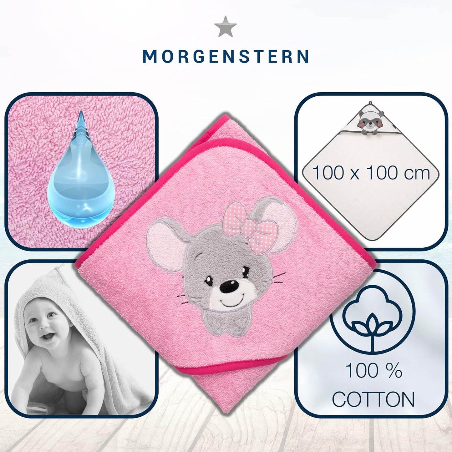 Kapuzenhandtuch für Kinder, Rosa - Maus