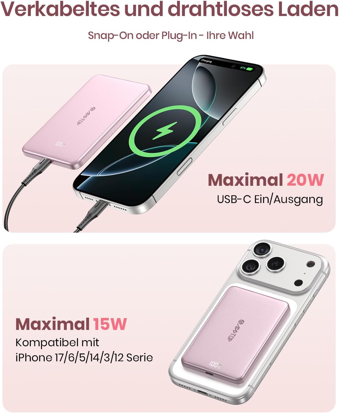Magnetische Powerbank, Rosa