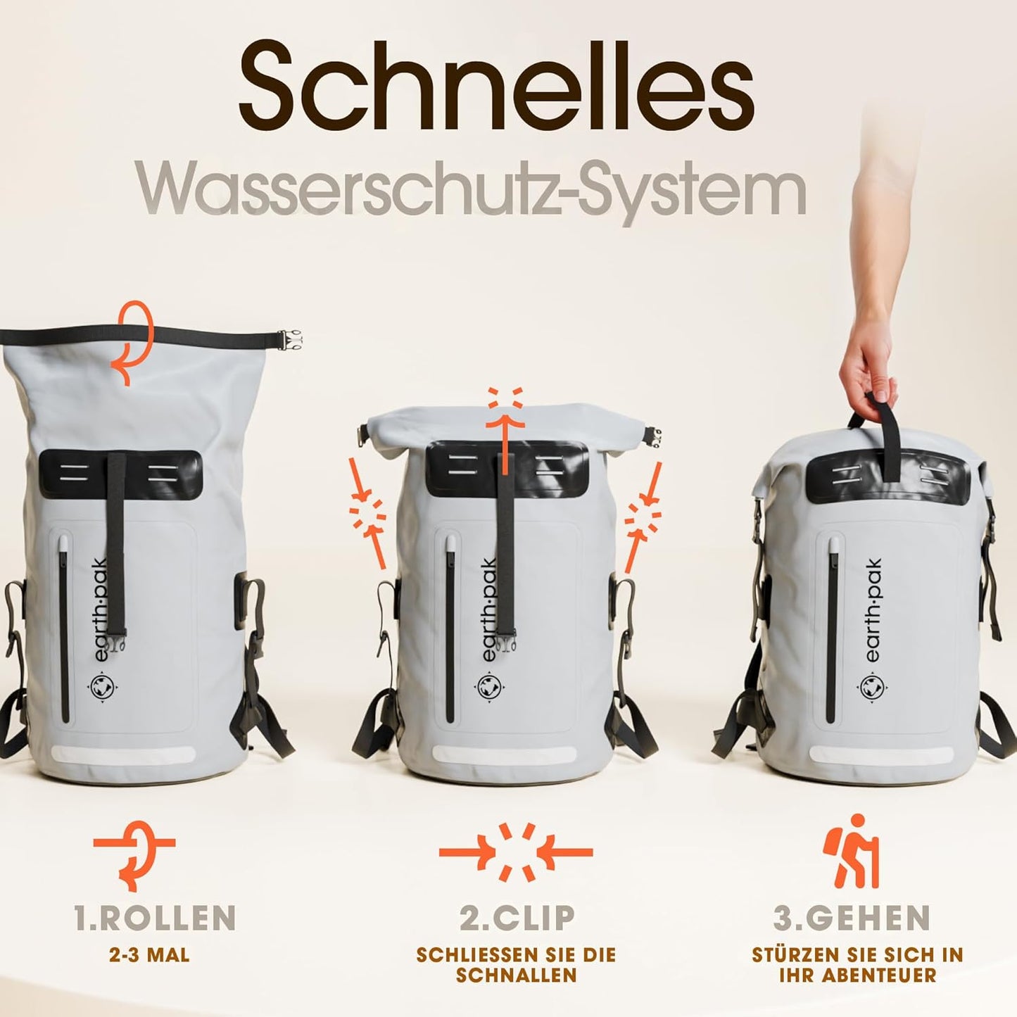 Wasserdichter Rucksack mit Rollverschluss und Handyhülle, 85L Grau