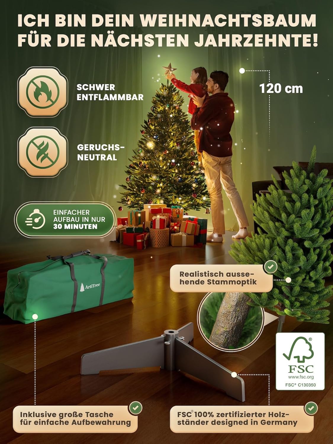 Künstlicher Weihnachtsbaum - Nordmanntanne inkl. Aufbewahrungstasche, ohne Beleuchtung 120 cm