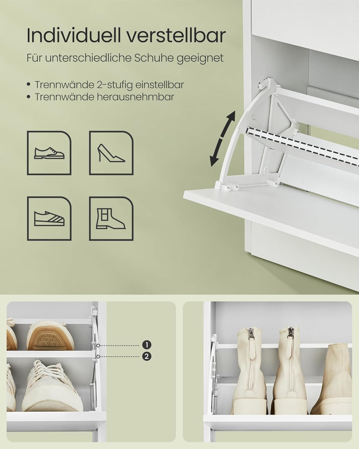 Schuhschrank mit Klappen und verstellbarer Trennwand, Wolkenweiss 3 Klappen (60B cm)