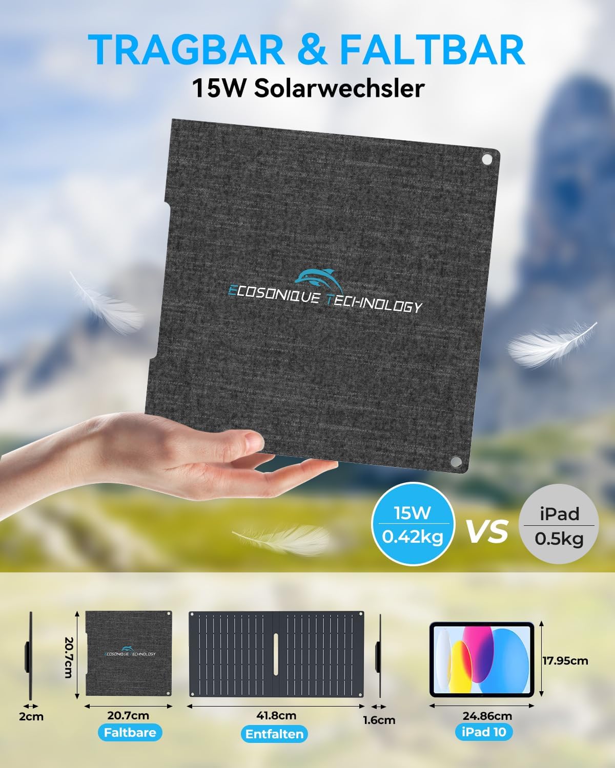 Faltbares Solarladegerät, wasserdicht, USB-A/C, 15W