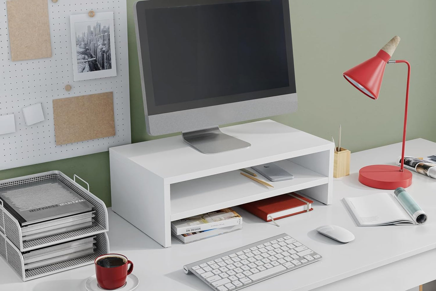 2-stufiger Monitorständer mit Ablagefach, Weiss