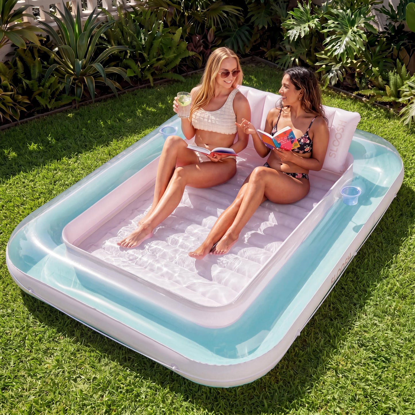 Aufblasbarer Sonnenpool mit abnehmbarem Kissen und Getränkehalter, Cyan-Rosa XL