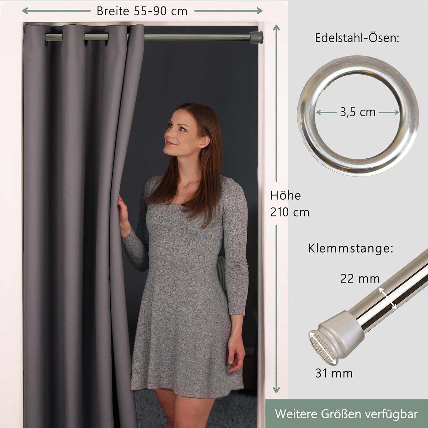 Türvorhang mit Teleskopstange, H210 x B150 cm (1er Pack) / Türvorhang Grau + Stange Silber 55-90 Cm