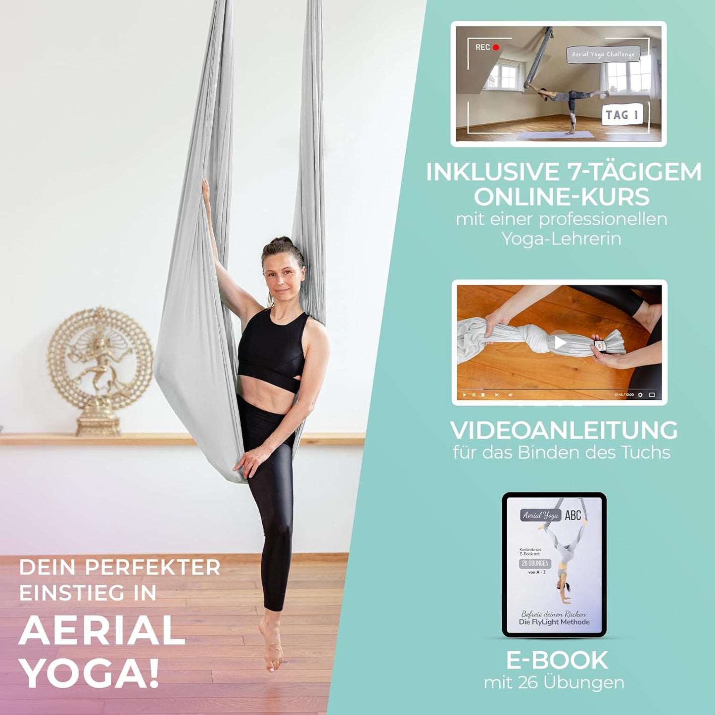 Yogatuch für Aerial Yoga, Silbergrau (1 Set) Einheitsgrösse
