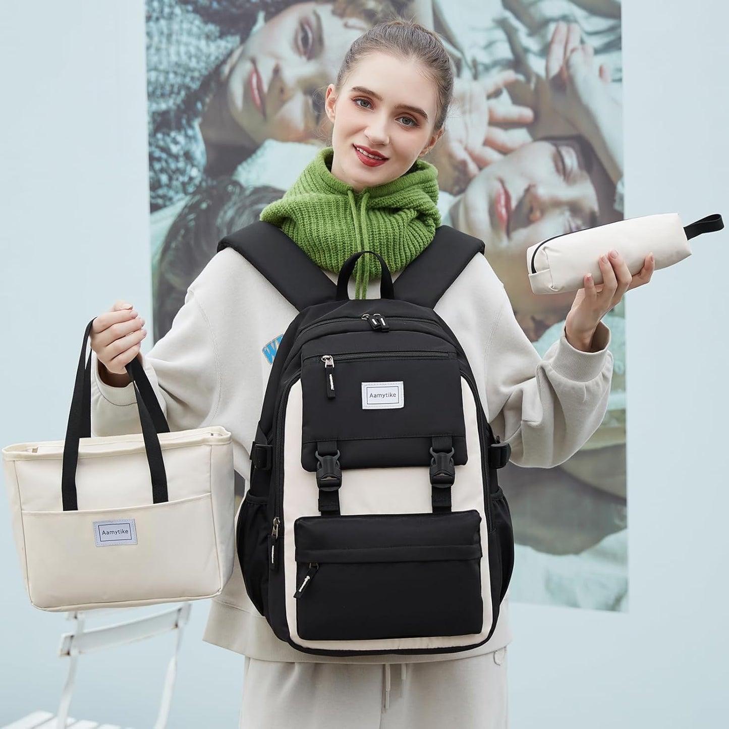 3-teiliges Schulrucksack Set, L ; Schwarz