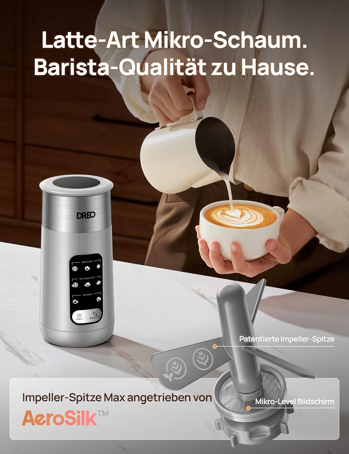 8-in-1 Elektrischer Milchaufschäumer für Kaffeegetränke, Silber