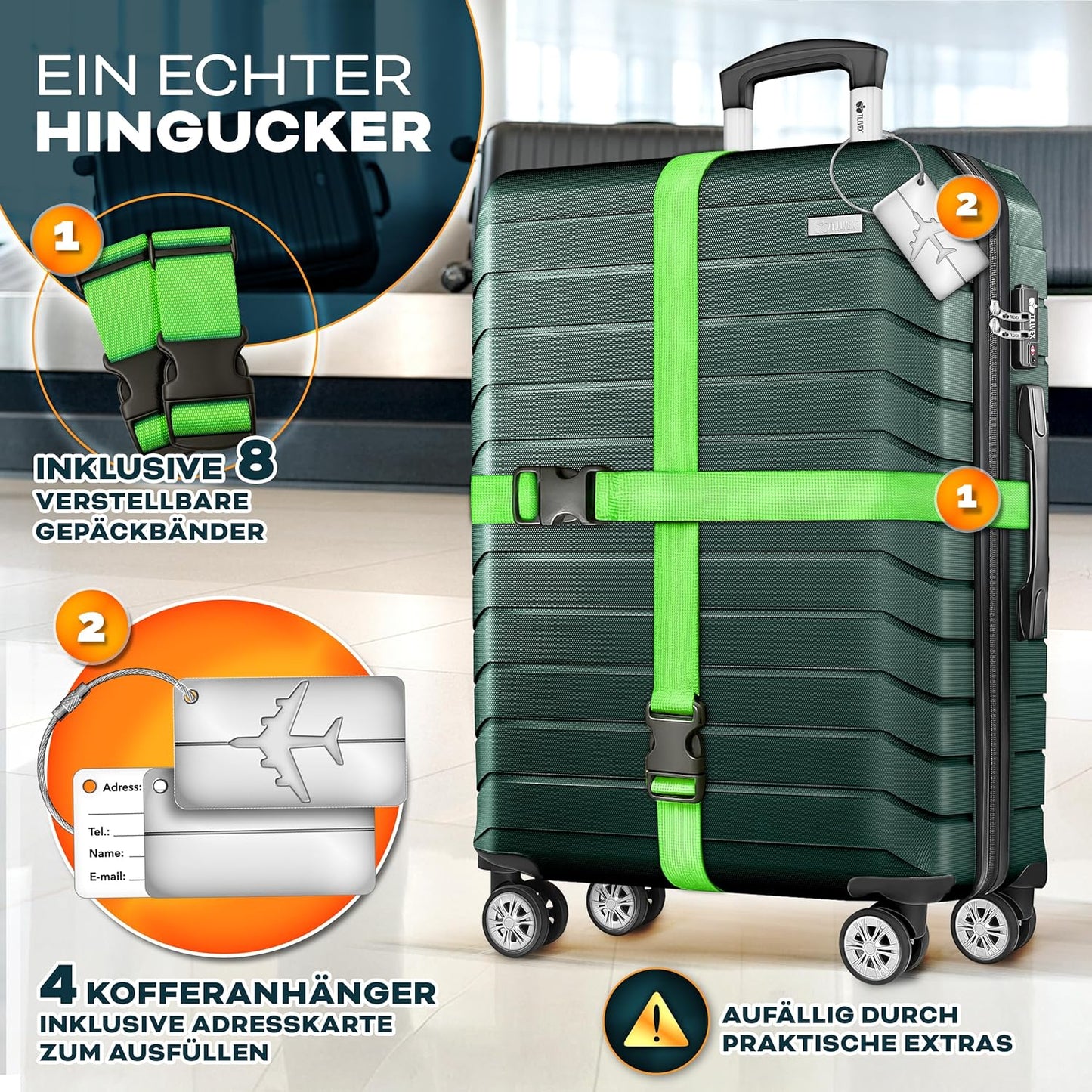 4-teiliges Reisekoffer-Set mit Kofferzubehör, Armeegrün Kofferset 4tlg