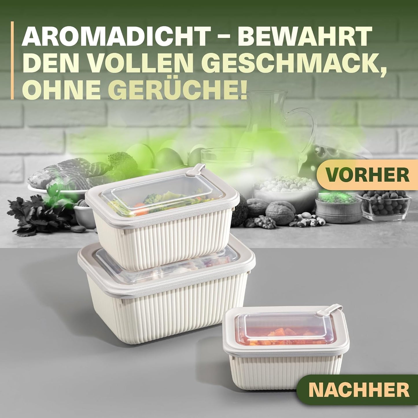 9er-Set Frischhaltedosen mit Ventildeckel, Beige 9er Set Rechteckig