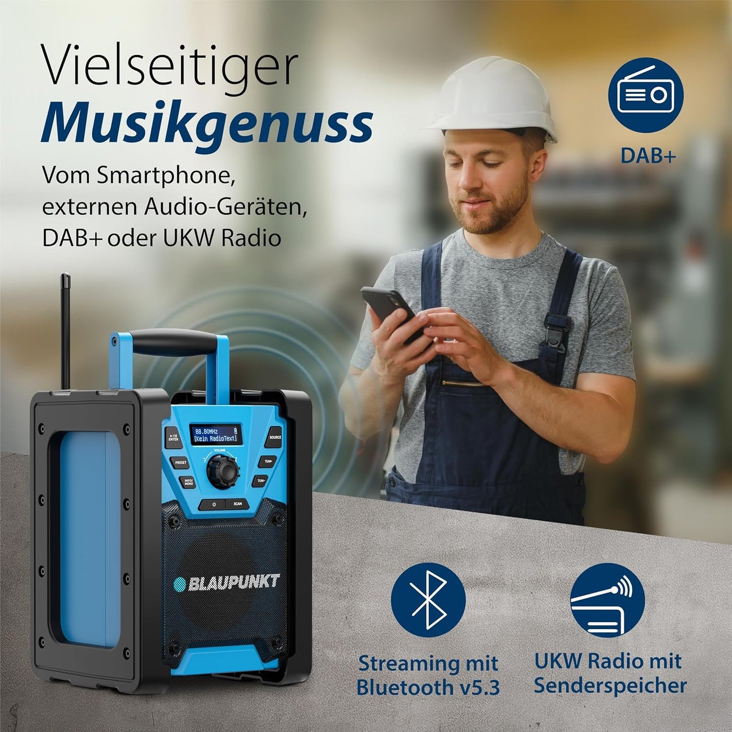 Robustes Baustellenradio mit Bluetooth 5.3 und DAB+, BSR 300