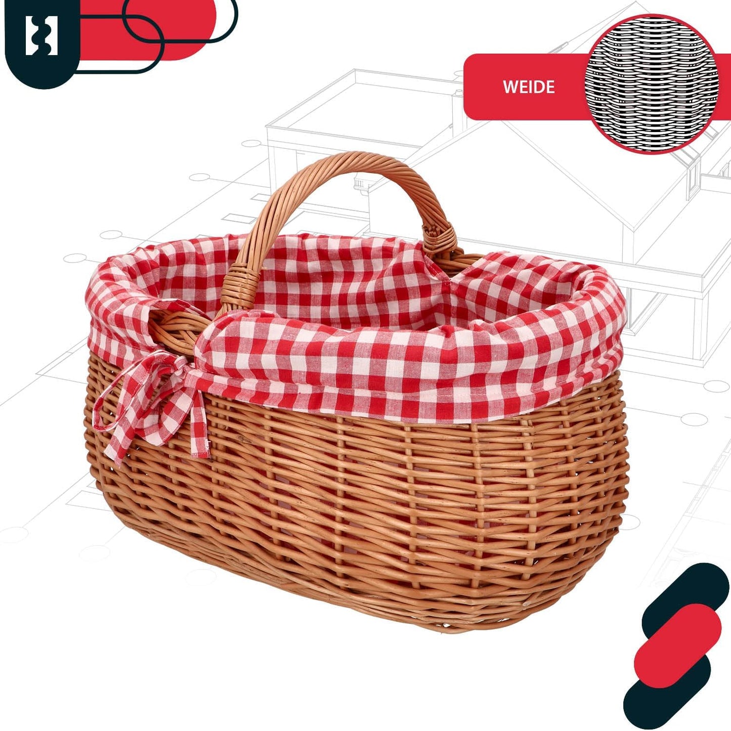 Picknickkorb mit Einsatz, Mit Rot Kariertem