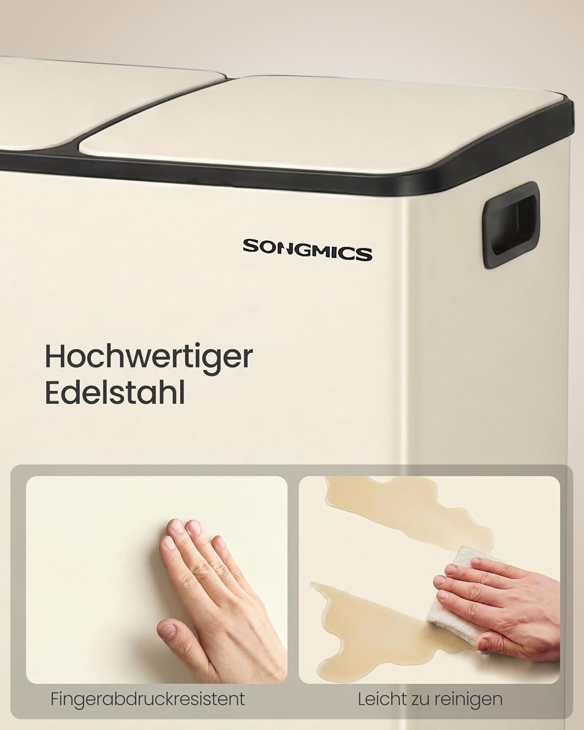 Mülleimer mit 2 Fächern und Softclose-Deckel, cremefarben