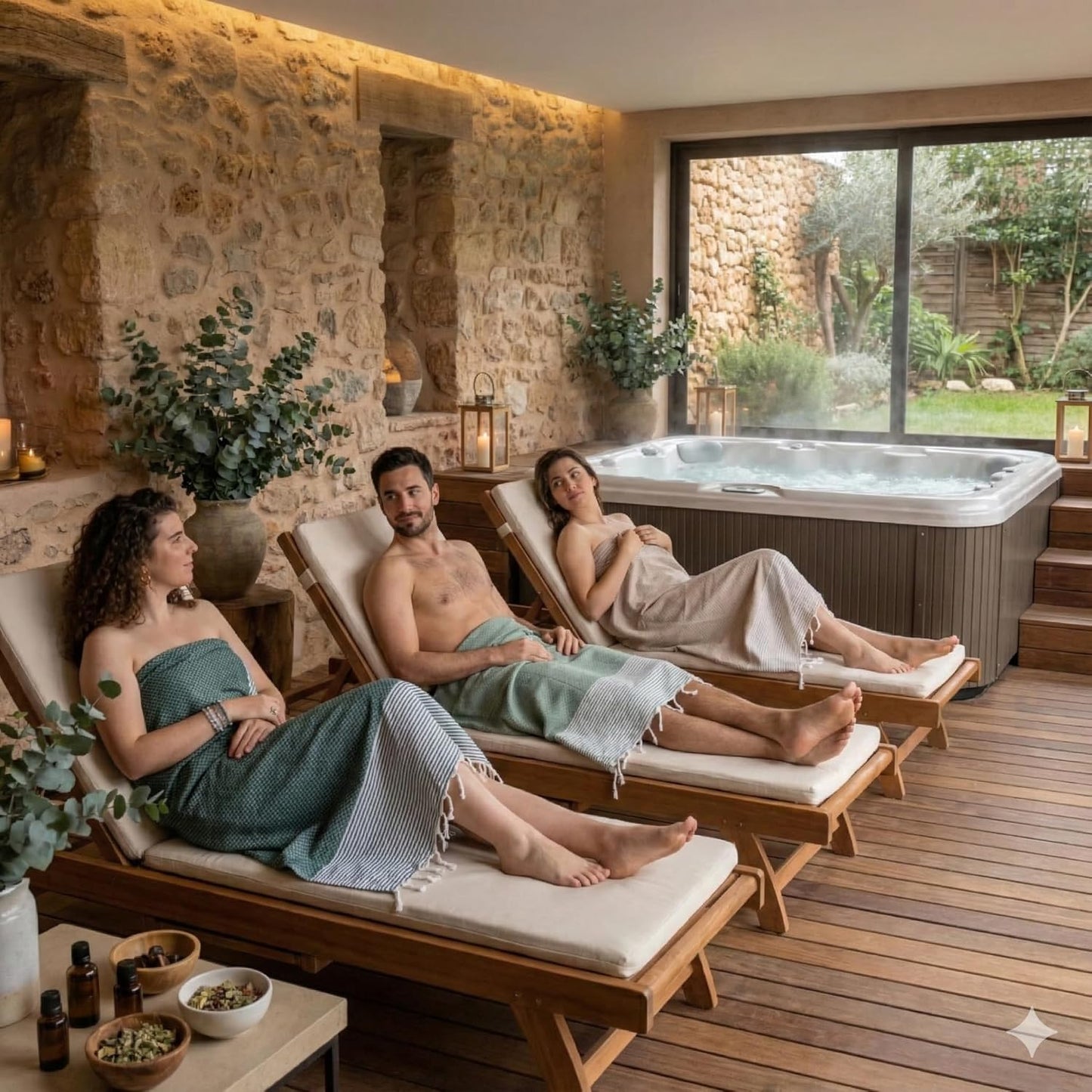 Hamamtuch-Set XXL (3er Set) für Sauna & Picknick, Set Of 3 -H- Mintgrün, Creme & Dunkelgrün Honeycomb